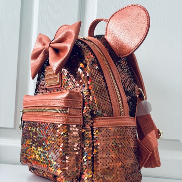 Loungefly Minnie Mouse Sequined Mini Backpack Peach Punch & Ears Headband - Picture 5 of 11
